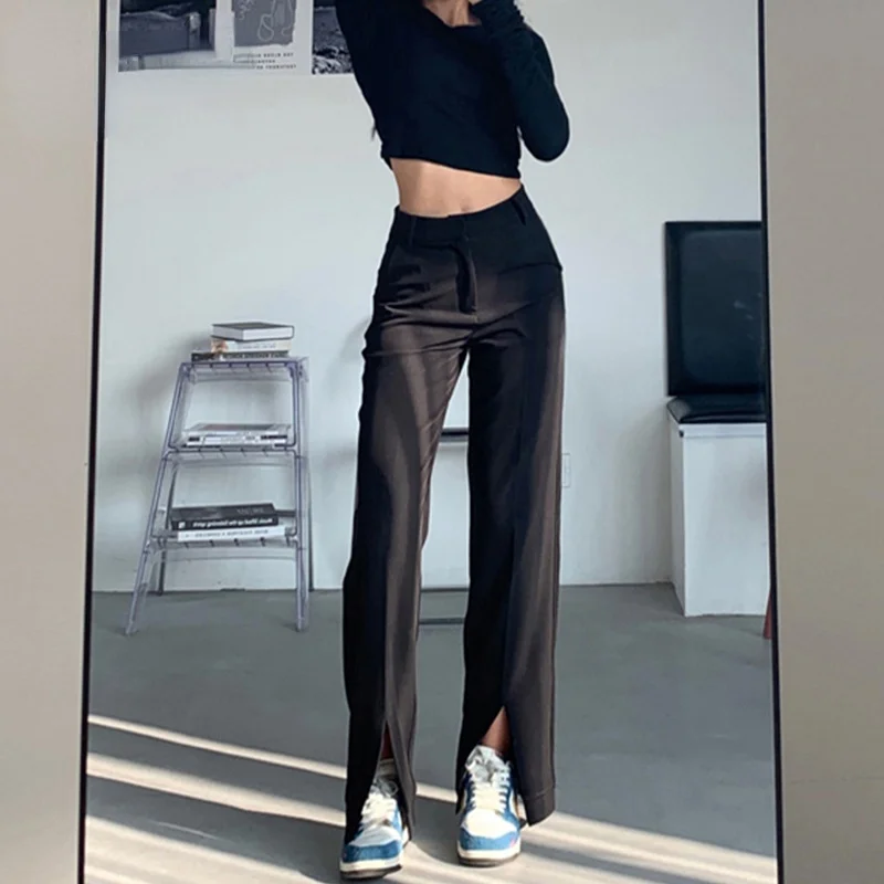 Flare Pants Women Trousers Front Split Leg Straight Ladies Work Clothes Streetwear Black Bell Bottom 2023 Office Lady Pants New