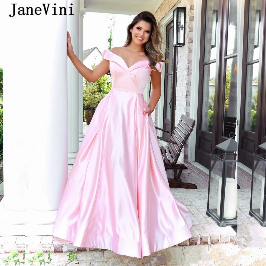 JaneVini – robe de bal trapèze en Satin rose, longue, avec poches, épaules dénudées, longueur au sol, robes formelles simples, grande taille, 2020