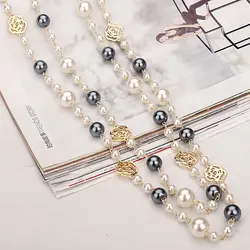 Famous Camellia Pearl Long Necklace For Women Double Layer collane lunghe donna Rose Flower Sweater chain Necklace