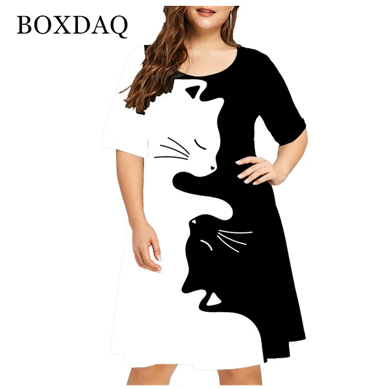 

New 2021 Summer Women Cute Cat Print Dress Casual Short Sleeve Ladies Mini Dress Street Fashion Plus Size Women Clothing 4XL