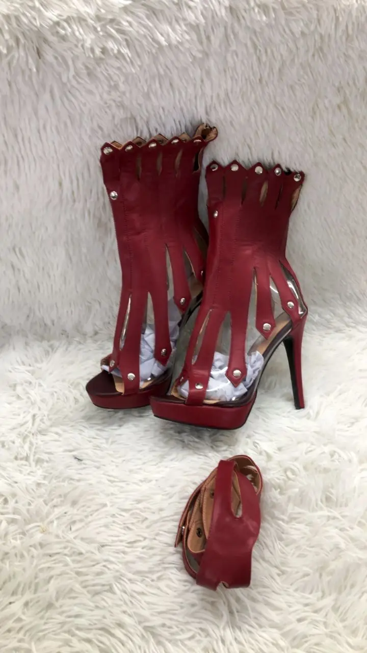 Sexy Vertical Shape Stiletto Heel Ankle Boots Peep Toe Metal Heels Studded Strappy Sandals Red White Black Runway Boot Shoes