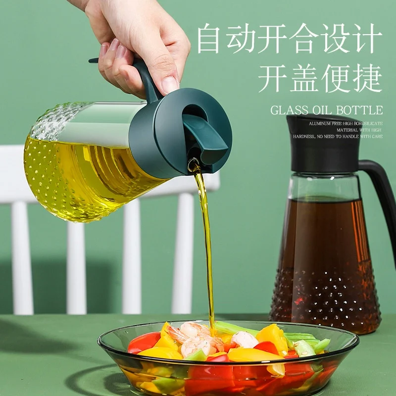 Household glass oiler kitchen large-capacity non-hanging oil bottle automatic opening and closing anti-leakage oil tank