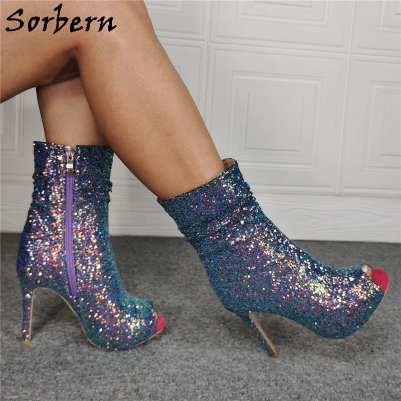 Sorbern Glitter Sparked Ankle Boots For Women Peep Toe High Heel Stilettos Platform Shoes Plus Size 12 Sissy Boy Shoes