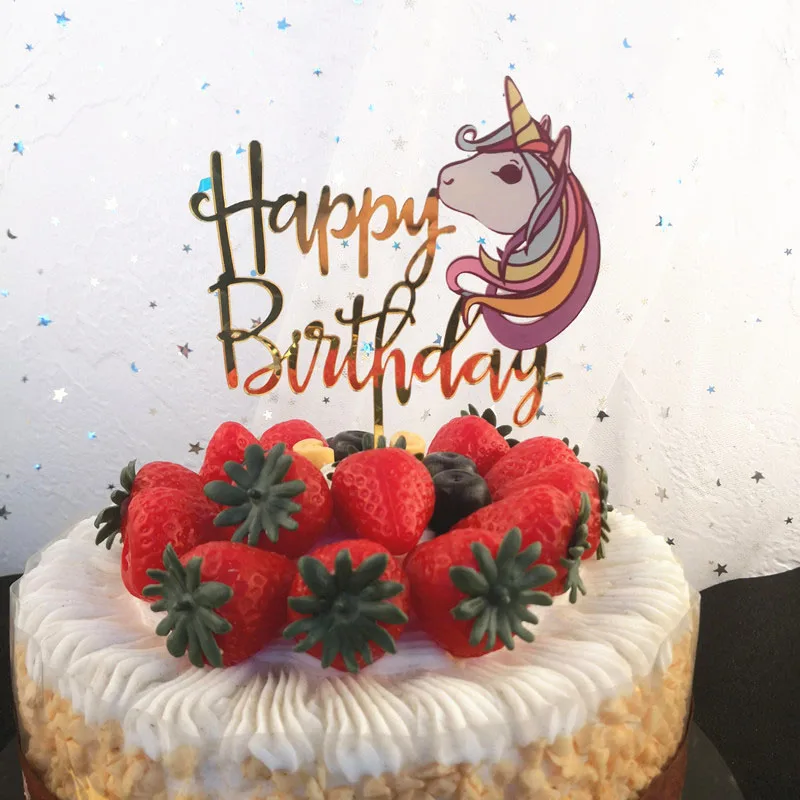 Gold Unicorn Acrylic Cake Topper Flamingo Happy Birthday Cupcake Topper For Baby Shower Mermaid Unicorn Party Cake Decorations image 2