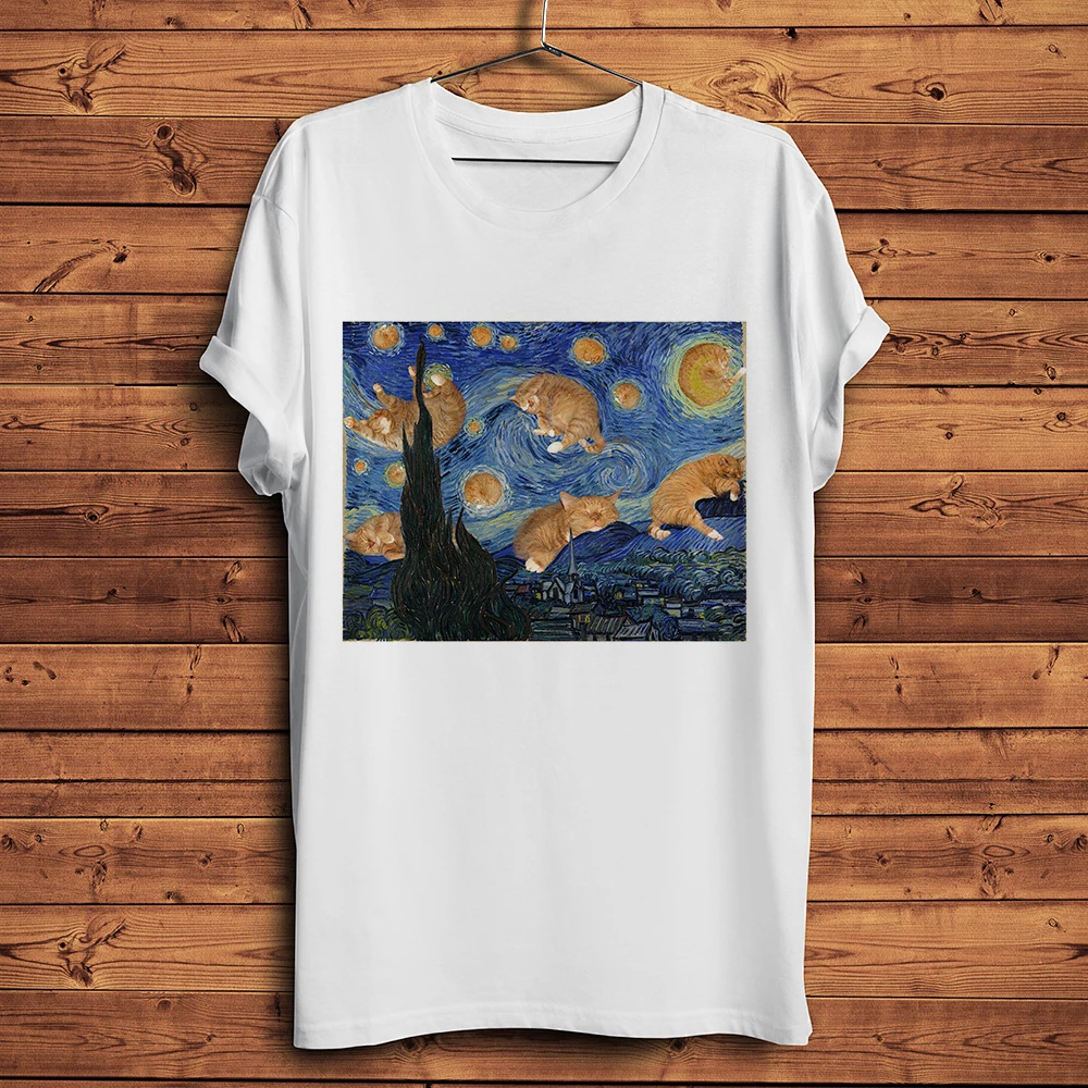 meow van Gogh Sunflowers Starry Night Edvard Munch The Scream funny cat tshirt Men Casual T Shirt Unisex Creation of Adam