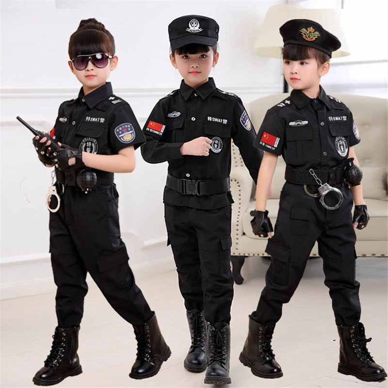 Halloween Role-play Cop Officer Uniform Cosplay Costumes Kids Boys Special Force Policemen SWAT Jacket Trousers Set with Caps