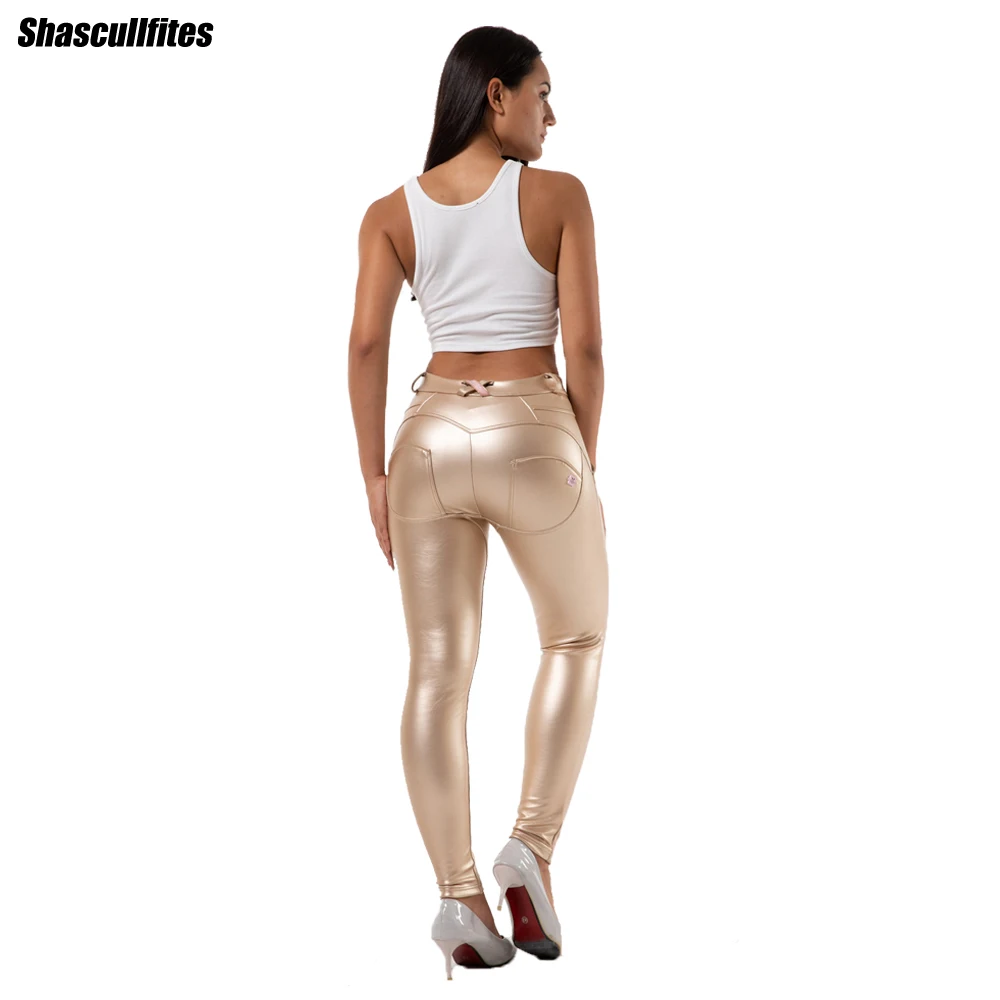 Shascullfites Melody Faux Leather Leggings Women Thick PU Leggings Hip Push Up Slim Pants Fitness Pants Butt Lifter Gold Trouser