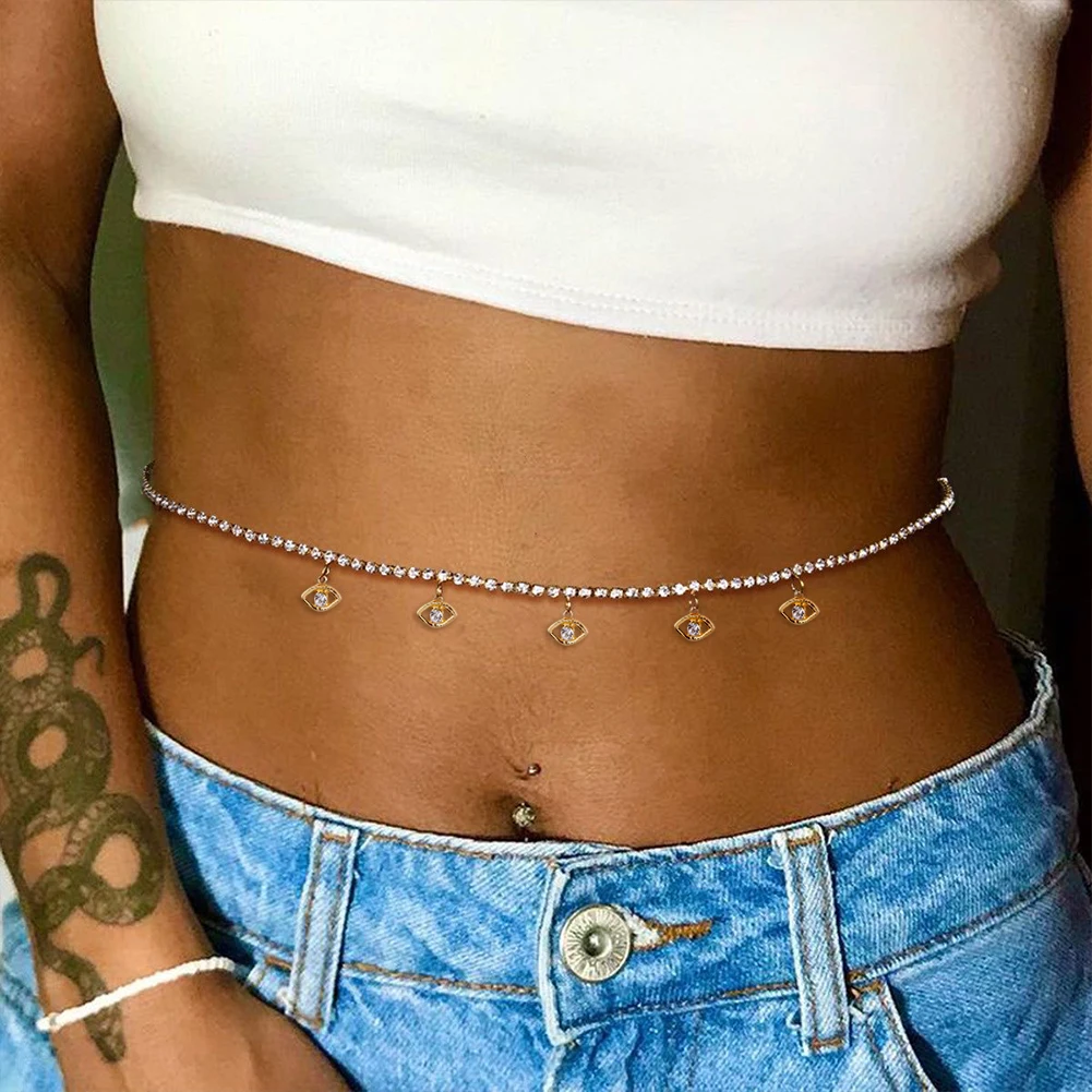 Boho Turkish Eyes Crystal Waist Chain For Women Rhinestone Evil Eye Sexy Ladies Tennis Belly Chain Bikini Beach Body Jewelry New