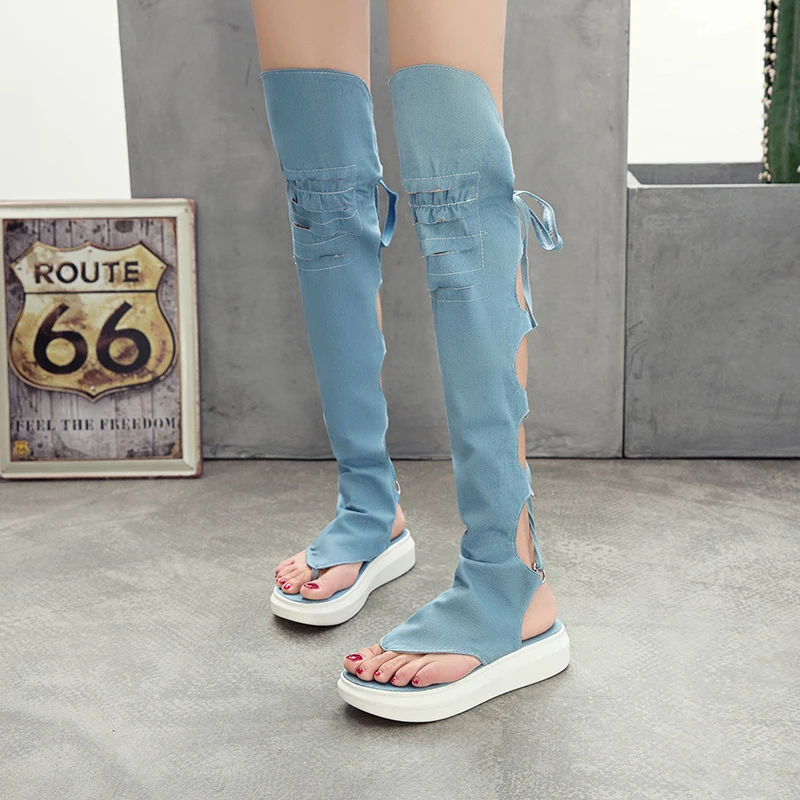 Women Roman Hollow Pinch High Tube Sandals Straps Wedge Heel Casual Large Size Female Denim Jeans Over The Knee Tong Toe Shoes