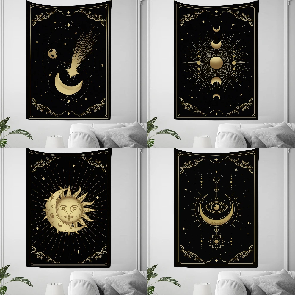 Black Sun And Moon Tapestry Tarot Card Psychedelic Wall Hanging Hippie Bohemian Divination Tapiz Dormitory Bed Cover Background