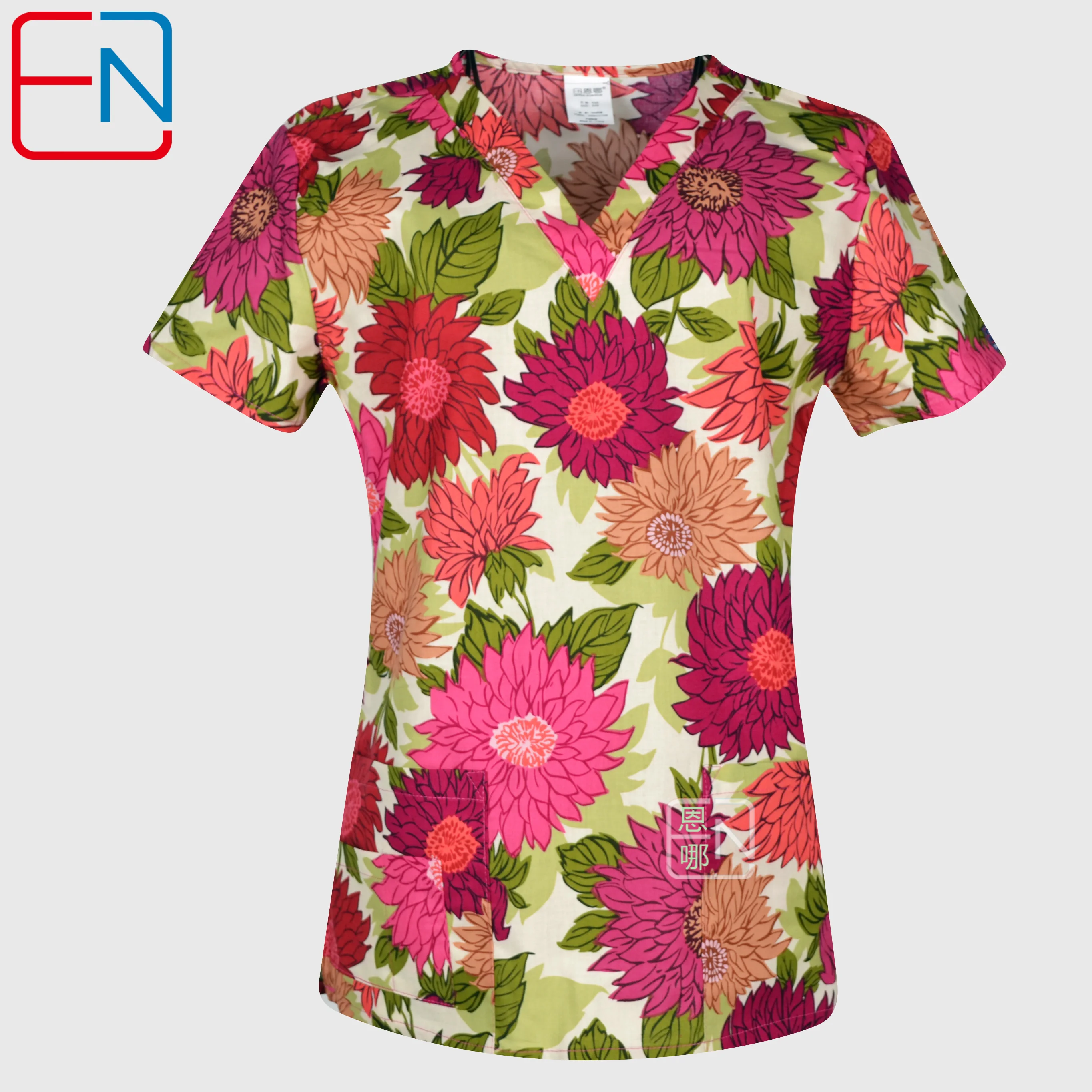 Hennar-Top de algodón con estampado para mujer, uniforme con cuello en V, manga corta, XXS-3XL, Hospital Clínico, 100%