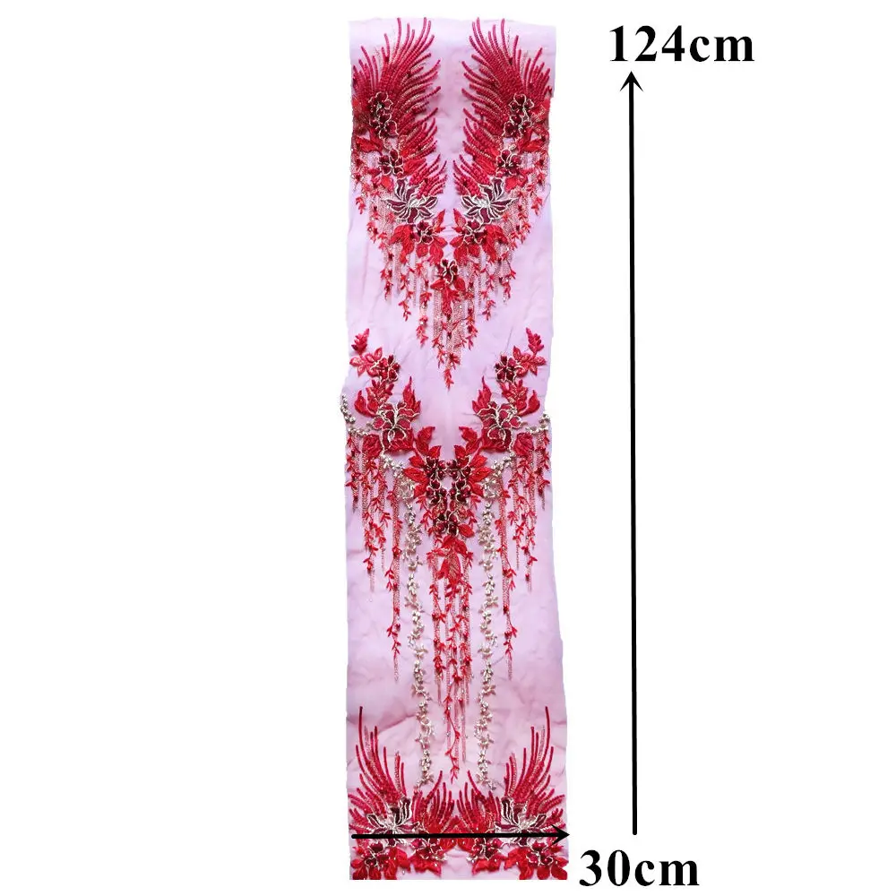 1 Set Red Lace Fabric Flower Tassel Beads Rhinestone Embroidered Wedding Gown Appliques Mesh Sew Patch For Dress DIY Decoration