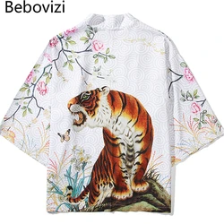 Bebovizi Japanese Style Anime Tiger Cardigan Kimono Cosplay Harajuku Women Men Yukata Streetwear White Traditional Robe Tops
