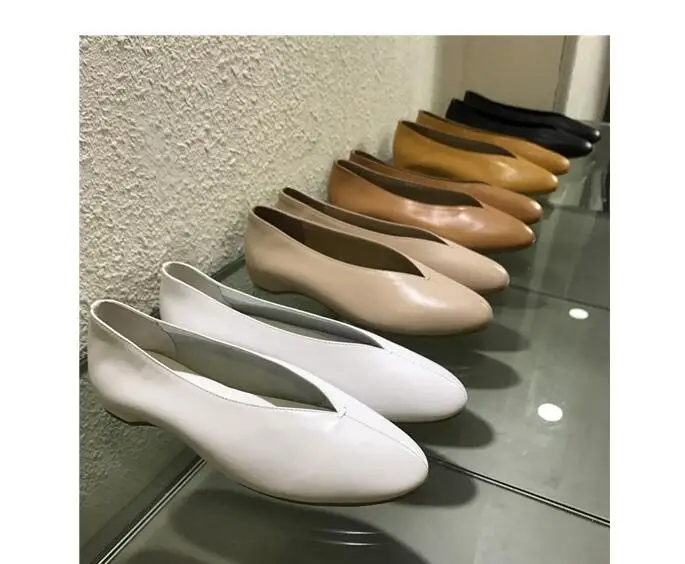 Size 34-41  New Round Toe Genuine Leather V Cut Design Flat Shoes Elegant Soft Ladies Leisure Footwear Vintage Lady Flats Shoes