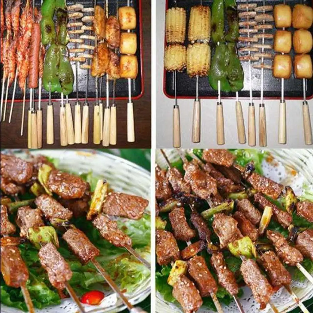 20Pcs/Set Barbecue Skewer Wooden Handle Stainless Steel Kabob Skewer BBQ Stick Outdoor Camping Kitchen BBQ Tools Accessories