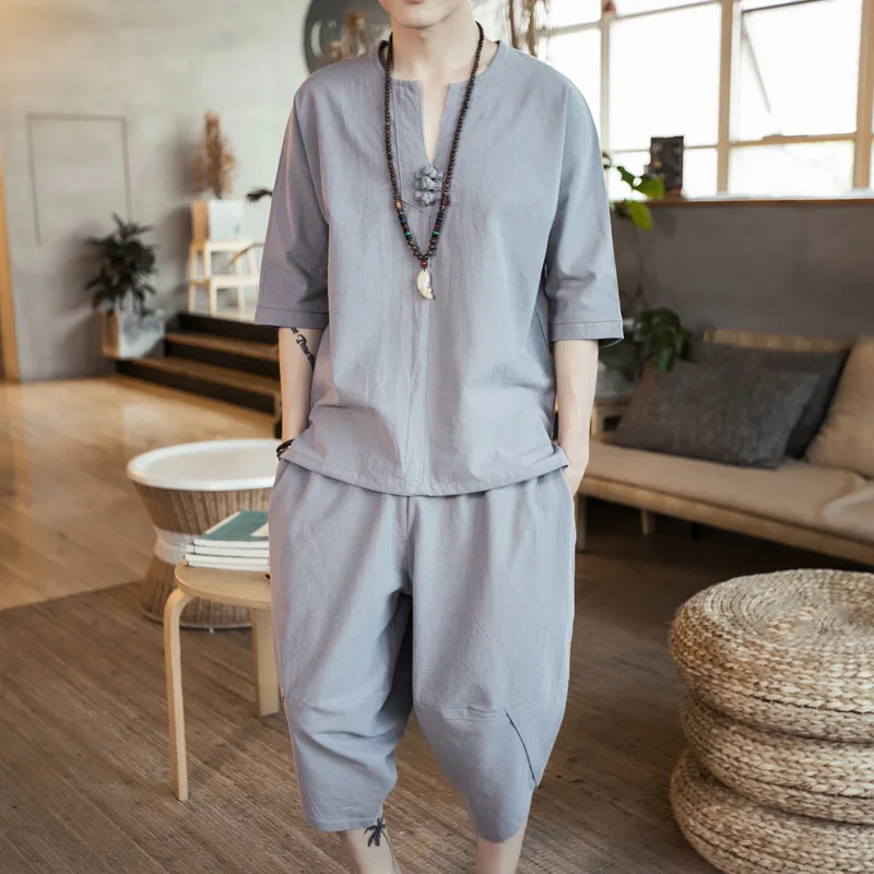 Summer Men Clothing Big Size Loose Casual Solid Color Cotton Linen Home Dressing Gown Fashion Breathable Men Tops+pants Homewear