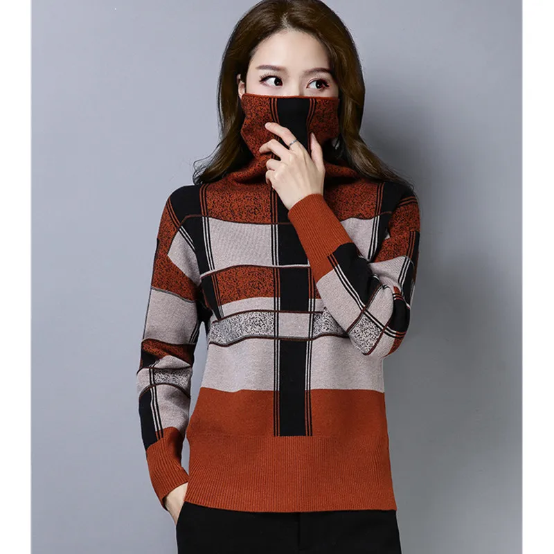 Maglione dolcevita scozzese Vintage donna autunno inverno contrasto colore maglioni Pullover eleganti maglioni lavorati a maglia maglione da golf