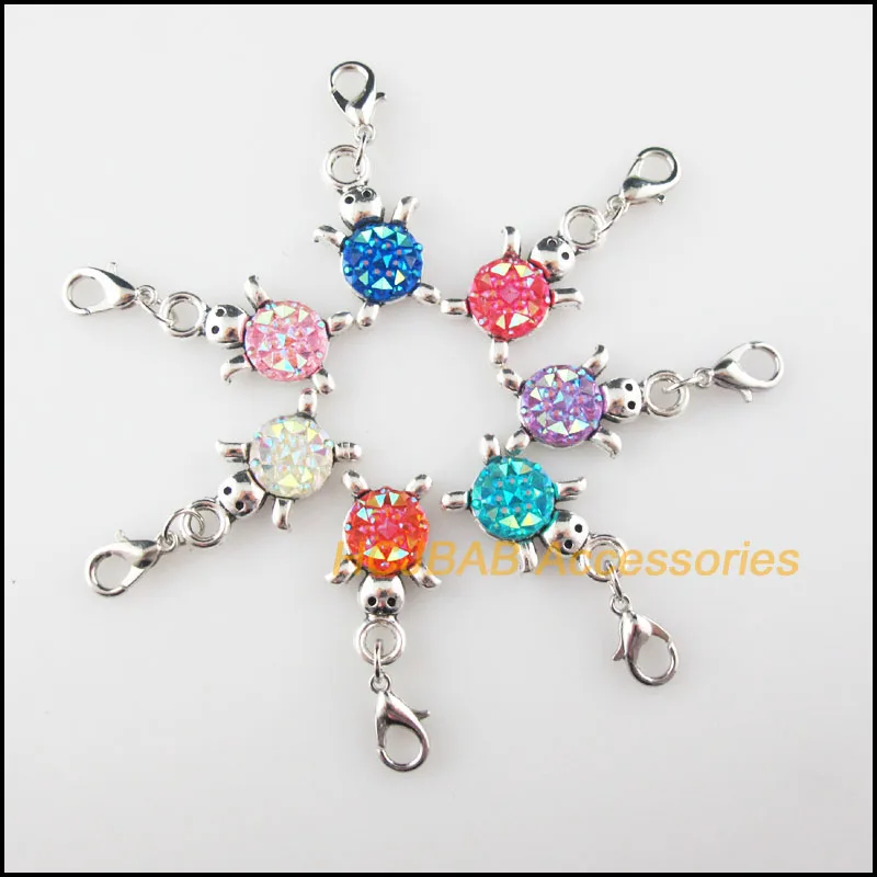 

14 New Tortoise Mixed Charms Resin Animal Pendants With Lobster Claw Clasps Tibetan Silver Plated 14x23mm