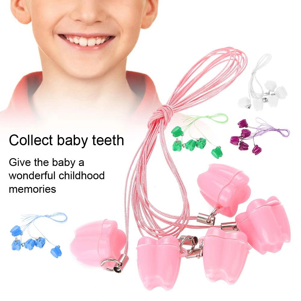 5Pcs Cute Children's Mini Collecting Container Tooth Shape Deciduous Teeth Storage Chain Box Tooth Souvenir Save Tools With Rope