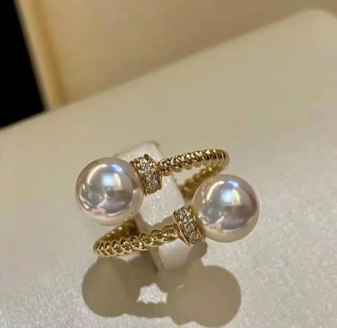 

RY Solid 925 Sterling Silver Round 7-8mm Nature Fresh Water Akoya White Pearls Rings for Women Fine Birthday Presents