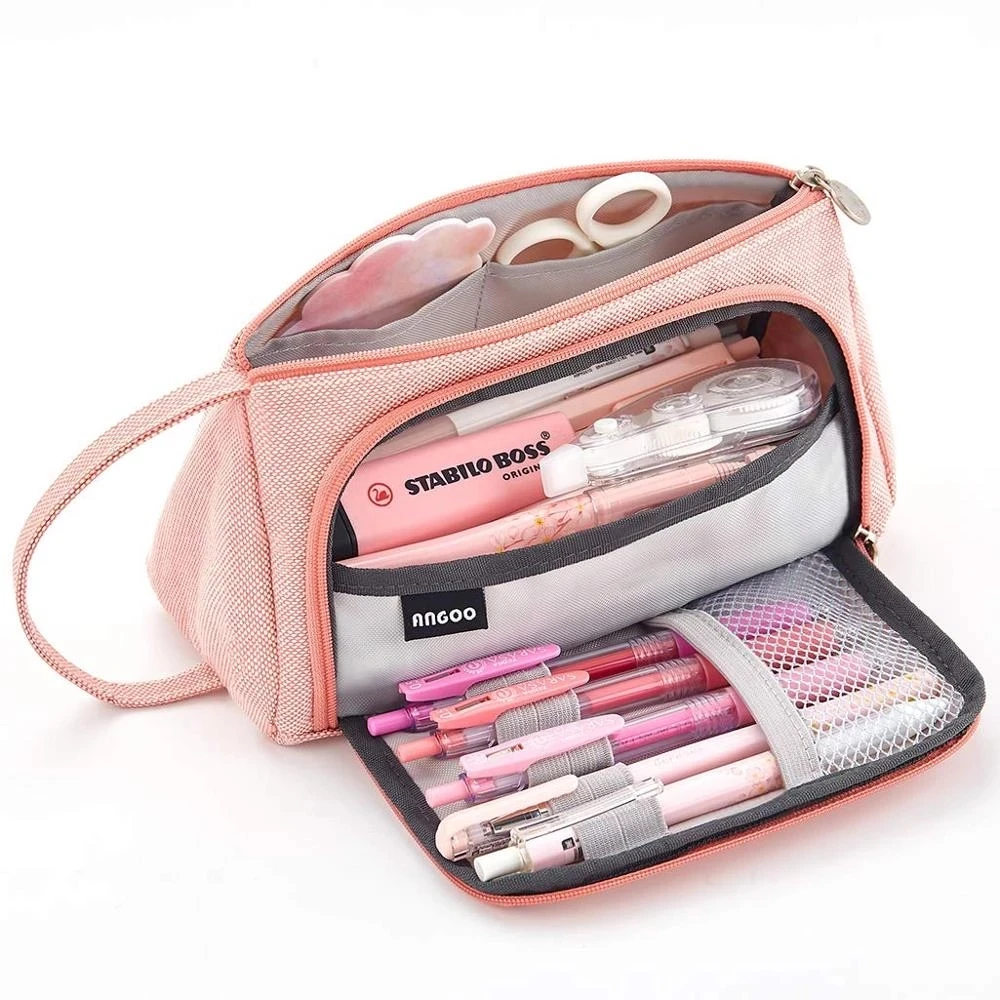 pink monochromatic pencil bolsa organizador de papelaria para meninas da escola pen pouch holder canvas office supplies makeup case gift box 01