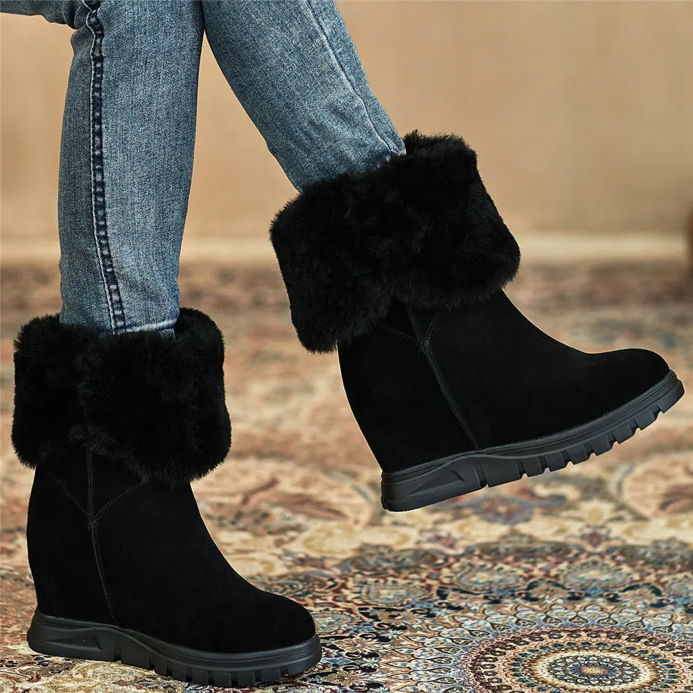 

Fashion Sneakers Women Slip On Genuine Leather Wedges High Heel Snow Boots Female Winter Warm Fur Round Toe Platform Pumps Shoes