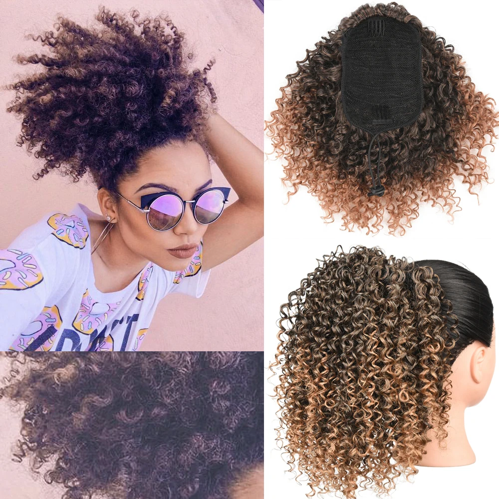 Afro Kinky Curly Synthetic Ponytail Puff Ponytail Hair Extension Drawstring Short Afro Pony Tail Clip in on Hair Bun 12Inch