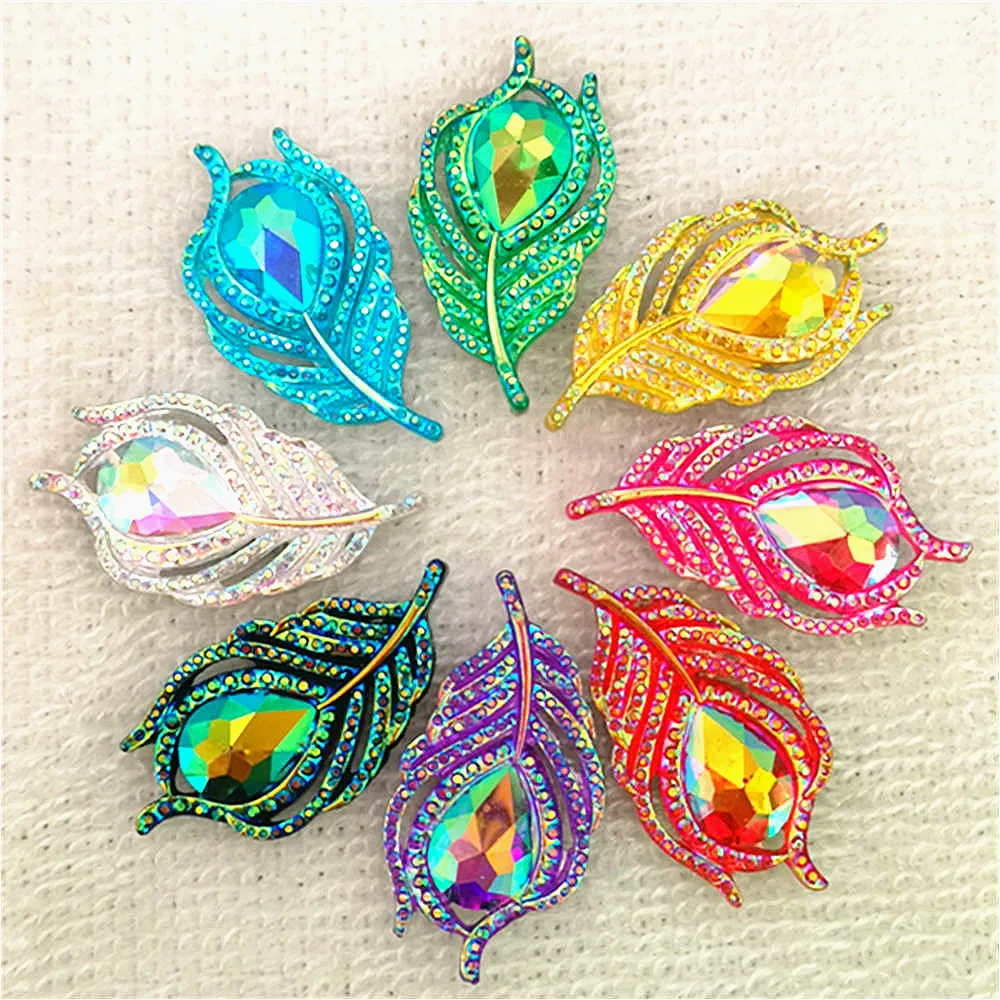 Hot 6PCS 20*38mm AB Resin 3D Peacock Feathers Flatback Rhinestone Wedding DIY Buttons