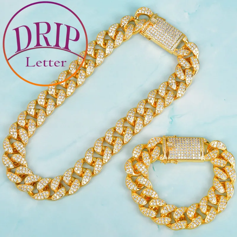 Cubic Zircon Cuban Chain With Bracelet Gold Color 20MM Big Bail Men's Hip Hop Necklace Set Jewelry