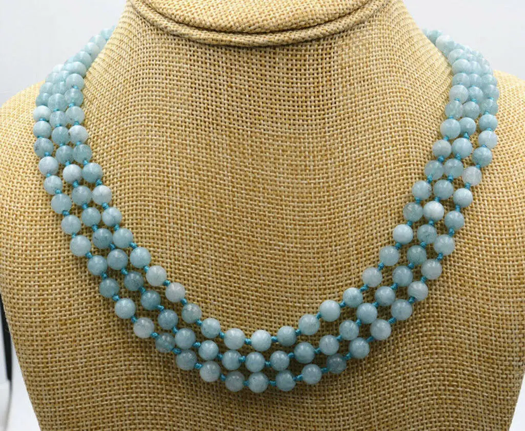 

Charming Natural 3 Rows 6mm Aquamarine Beads GEMSTONE Necklace 17-19 " AAA