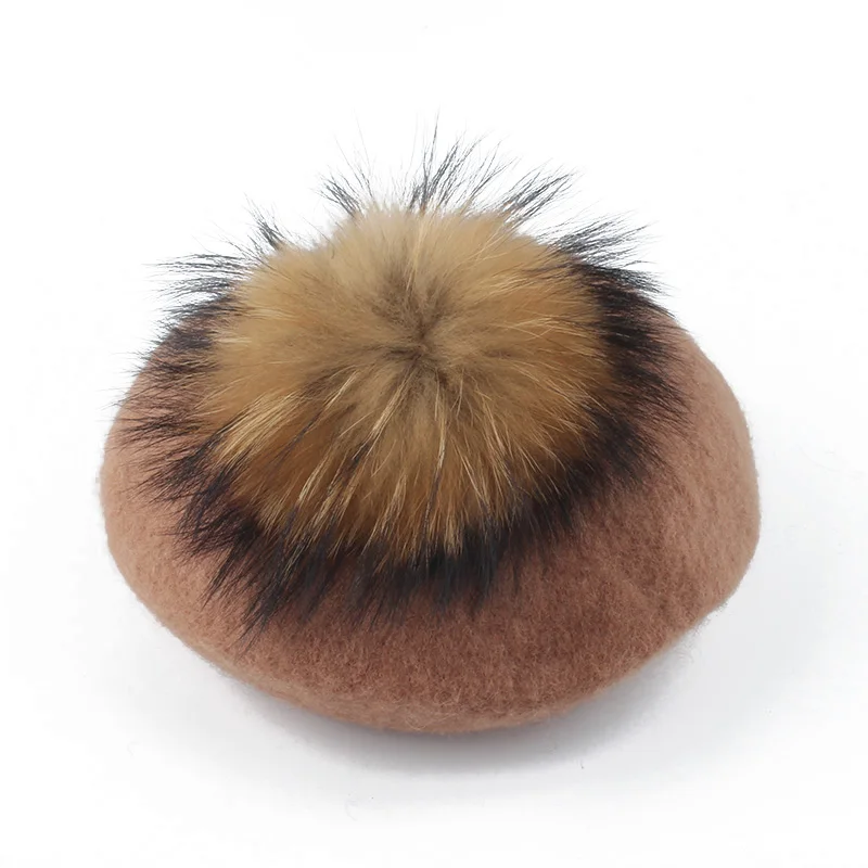 Autumn Winter 100% Wool Women\'s Beret Cap 15cm Big Real Natural Raccoon Fur Pompom Hat Mom Girls Pumpkin Hat For Women