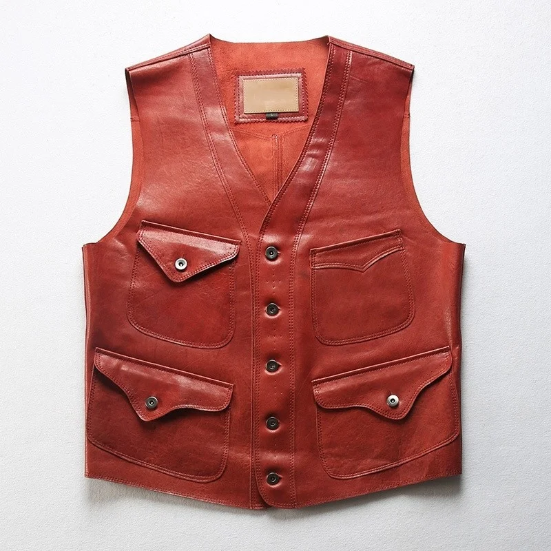 Genuine Mens Leather Vest Vintage British Style Casual Sheepskin Sleeveless Jackets V Neck Single Breasted Cowboy Tank Waistcoat