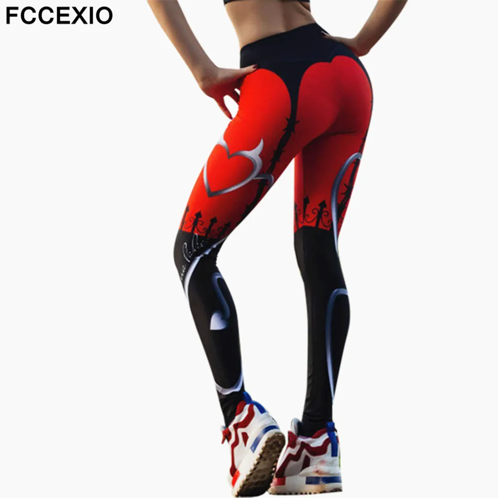 FCCEXIO Hot New Women Leggings Heart Shape Digital Print Patchwork Fitness Legging Push Up Workout  Leggins Pants