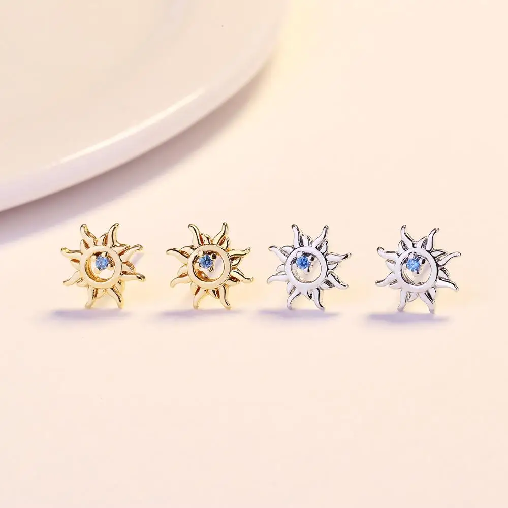 S925 Silver Plated Sun Flower Stud Earrings For Women Blue Zircon Ins Small Fresh Personality Earrings Accessories