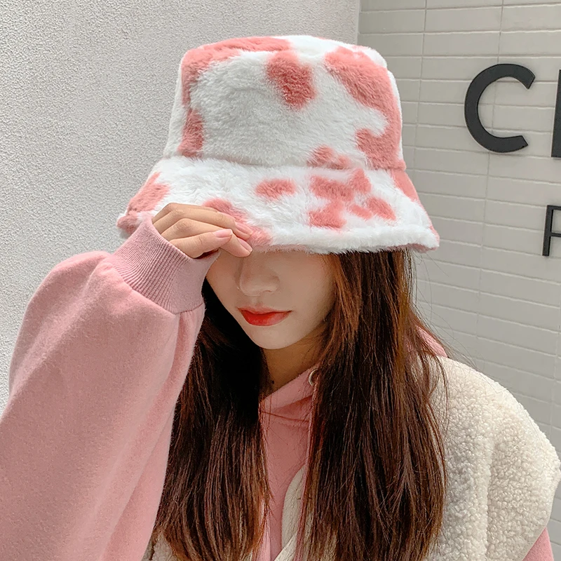 2021 New Fashion Korean Pink Cow Print Bucket Hat Faux Fur Winter Hats For Women Warm Plush Fisherman Caps image 5