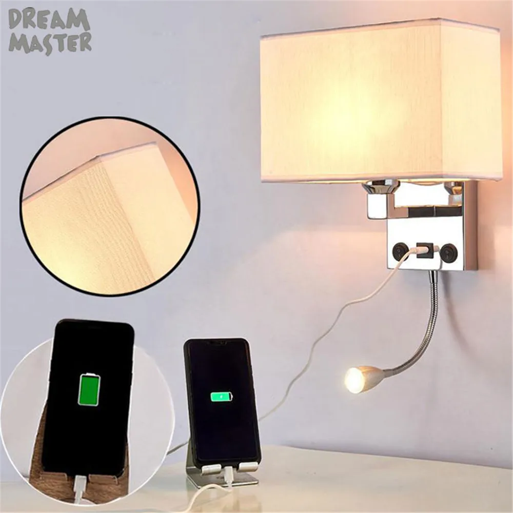 Rectangle Fabric Shade Wall Light w/o USB Charging Port,2 Switches E27 LED Wall Lighting with Adjustable Reading Lamp