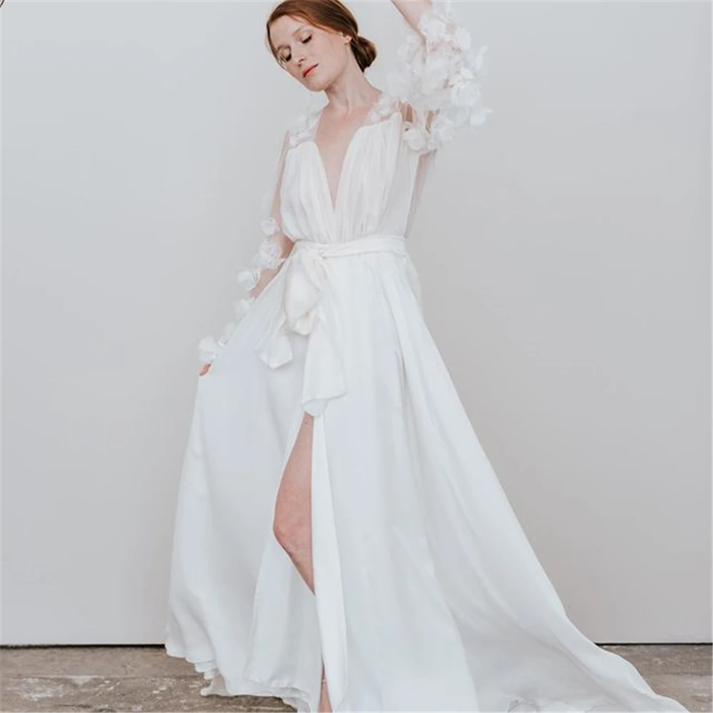 Bridal Gowns Women Robe Wedding Dresses 3D Floral Appliques Long Sleeve Satin Silk Nightdress Sleepwear