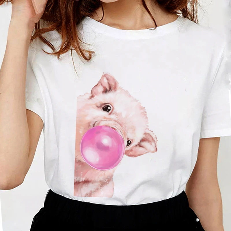 Harajuku Summer Female T-shirt Bubble Gum French Bulldog Print Aesthetic Clothes Graphic tee tshirt Femme