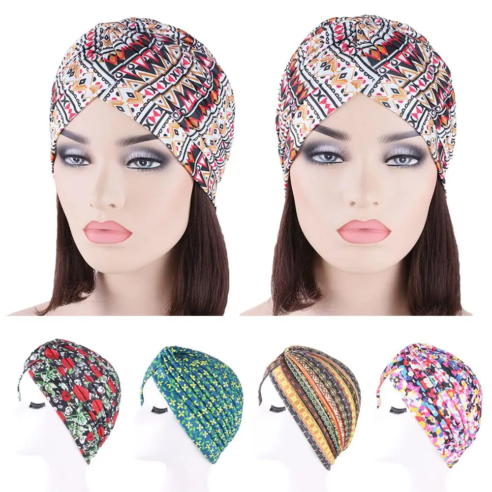 

India Hat Women Pleated Cancer Hat Chemo Cap Muslim Hair Loss Head Scarf Wrap Turban Printed Islamic Arab Bonnet Beanie Skullies