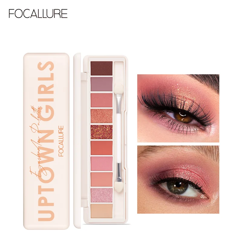 FOCALLURE 10 Colors Makeup Eye Shadow Palette Waterproof Matte Glitter Eyeshadow Kit Pink Nude Eye Cosmetics With Mirror Brush