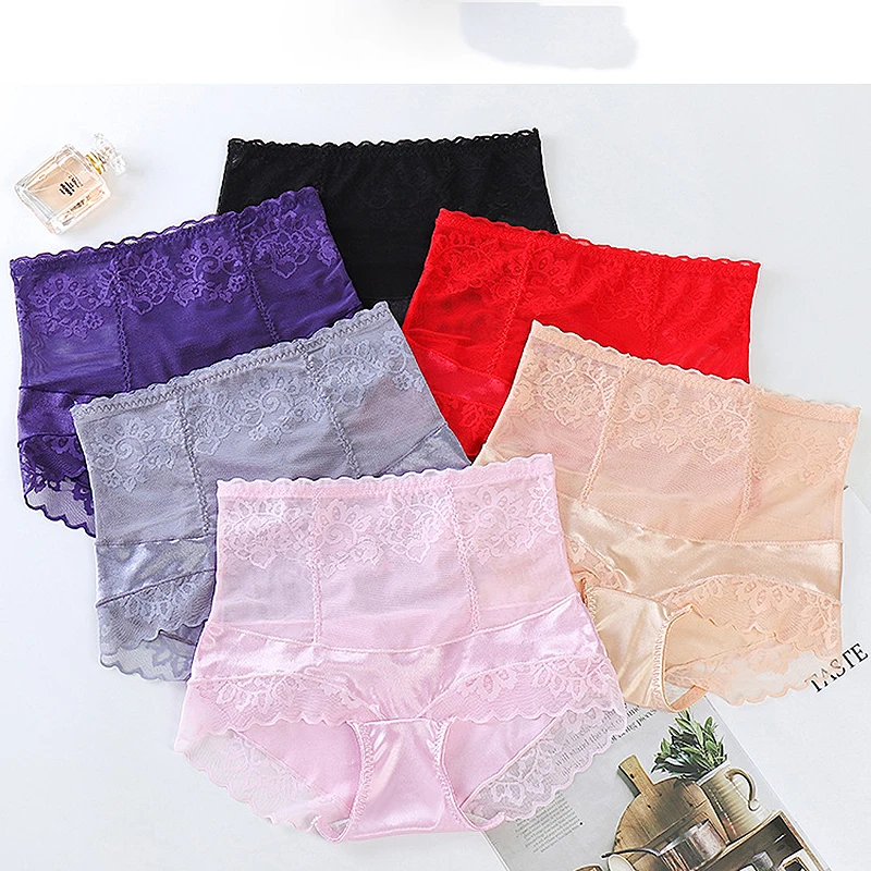 high waist lace women\'s panties stitching silk comfortable transparent underwear High Waist Abdomen In girl briefs