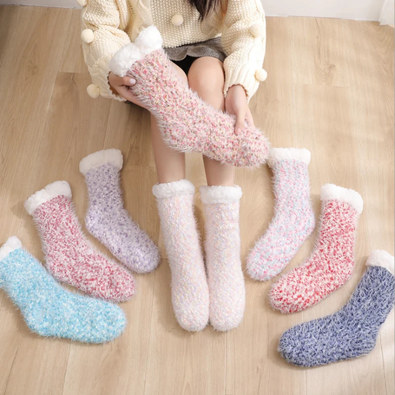 Winter Women Slippers Home Socks Thick Floor Socks Plush Velvet Non-slip Carpet Fluffy Warm Sleep Socks