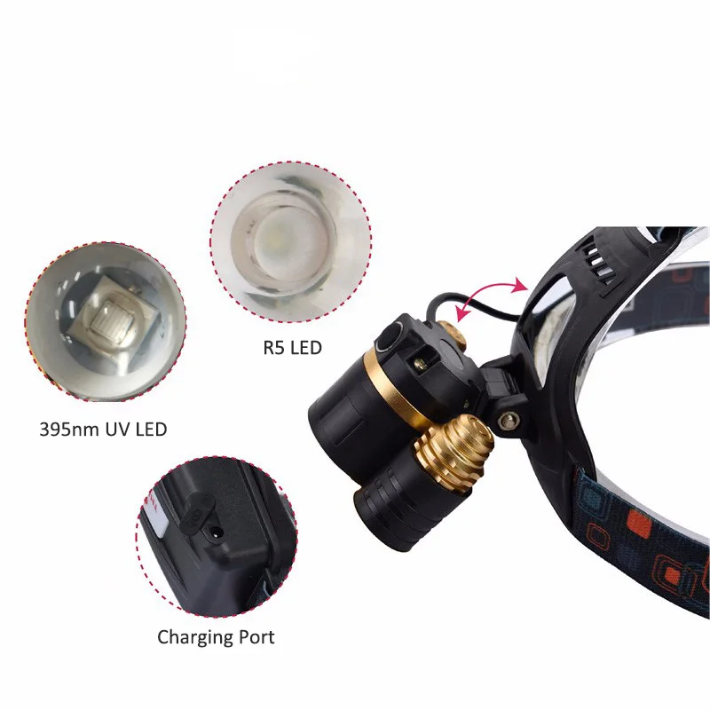 Professional Powerful Headllight 4-Mode White & UV Head Torch LED Rechargeable 18650 Zoom Headlamp For Running