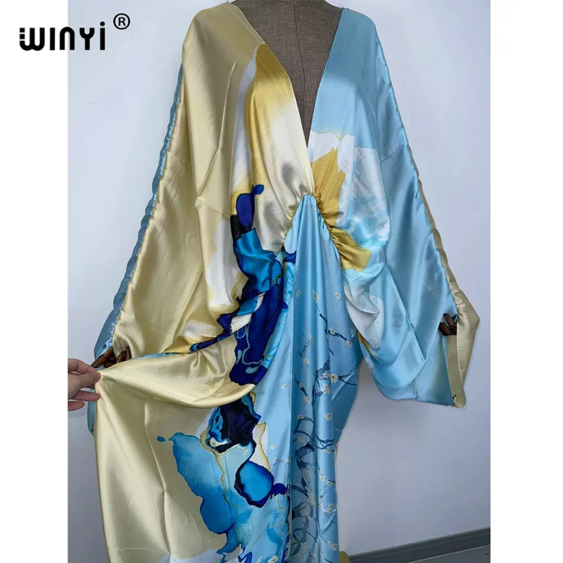 Sexy Beach High-Quality Hand-Rolled Feel Silk Rayon Fashion Print 2021 WINYI Maxi Women's Robes Long Beach V-Neck Bohemian Dress