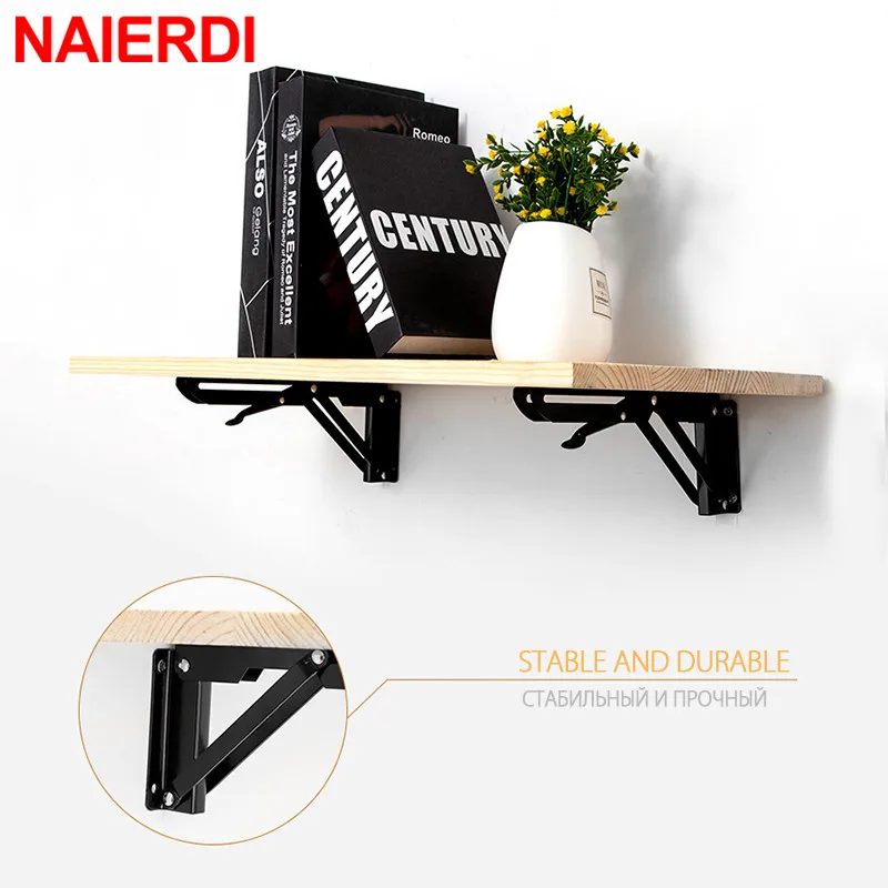 NAIERDI 2PCS 8-20inch Stainless Steel Folding Angle Bracket White Black Iron Triangle Wall Mount Bracket For Shelf Bench Table