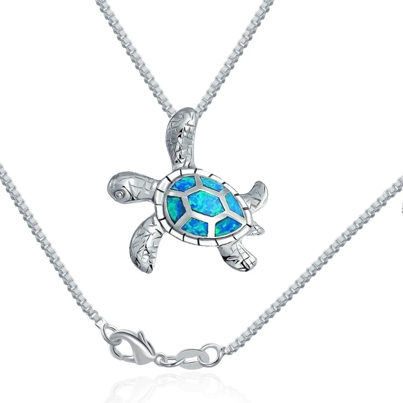 Tortoise Turtle Pendant Blue Created Opal Necklace for Women Men Summer Hawaiian Style Beach Jewelry Gift with Box Chain