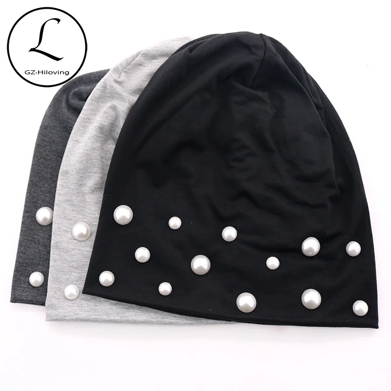 

Winter Hats for Women Pearls Slouchy Cotton Beanie Skullies 2020 Spring Ladies Casual Stretch Black Hat Caps Gorros Dropshipping
