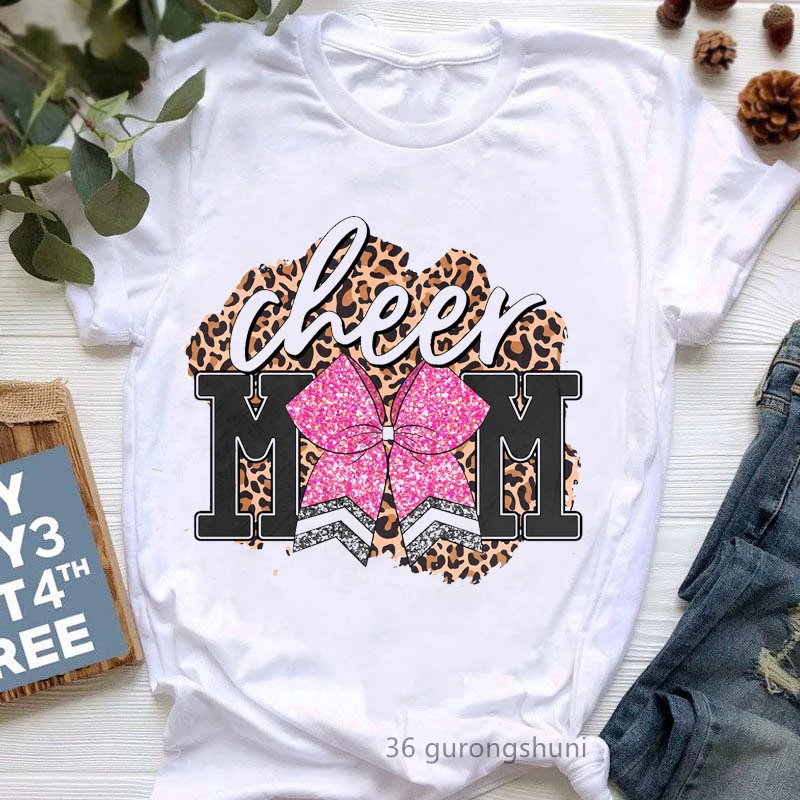 Leopard Cheer Mom Graphic Print T-Shirt Women Pink Bow Mama/Mini Life Shirt Femme Summer Fashion Super Mom T Shirt Female Tops