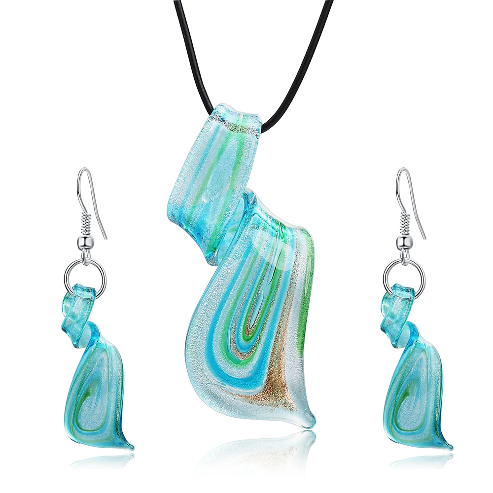 Ethnic Inspired Murano Glass Twist Dagger Pendant Dangle Earring Necklace Sets Blue Murano Glass Lampwork Women Jewelry Sets