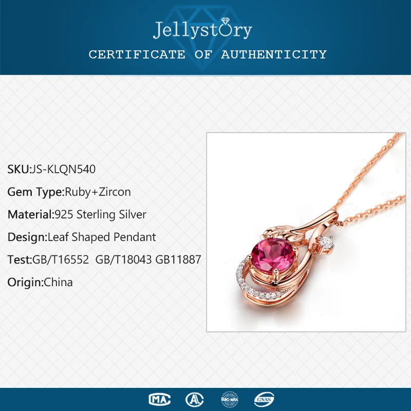 Jellystory Trendy 925 Sterling Silver Necklace with Round Ruby Zircon Gemstone Leaf Shape Pendant for Women Wedding Gift Jewelry